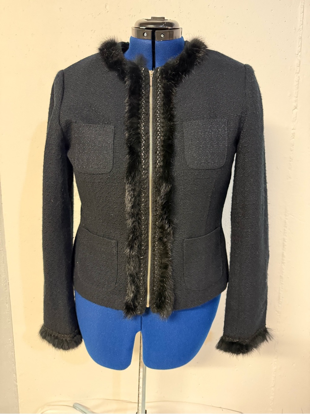 Dalia Black Zip-Up Jacket with Faux Fur Trim